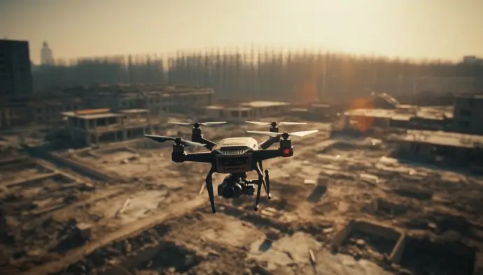 Un dron profesional en pleno vuelo, capturando una vista aérea de una extensa obra de movimiento de tierras y demolición, con estructuras parcialmente derruidas y un terreno irregular bajo la luz del atardecer. Esta imagen es perfecta para destacar los servicios de drones en el sector de la construcción y la obra civil en Málaga, especialmente para proyectos de desmonte, nivelación y seguimiento de grandes extensiones de terreno. Los drones ofrecen una herramienta eficiente para documentar el progreso, realizar mediciones y supervisar el avance de las fases iniciales de cualquier construcción o urbanización en la provincia.